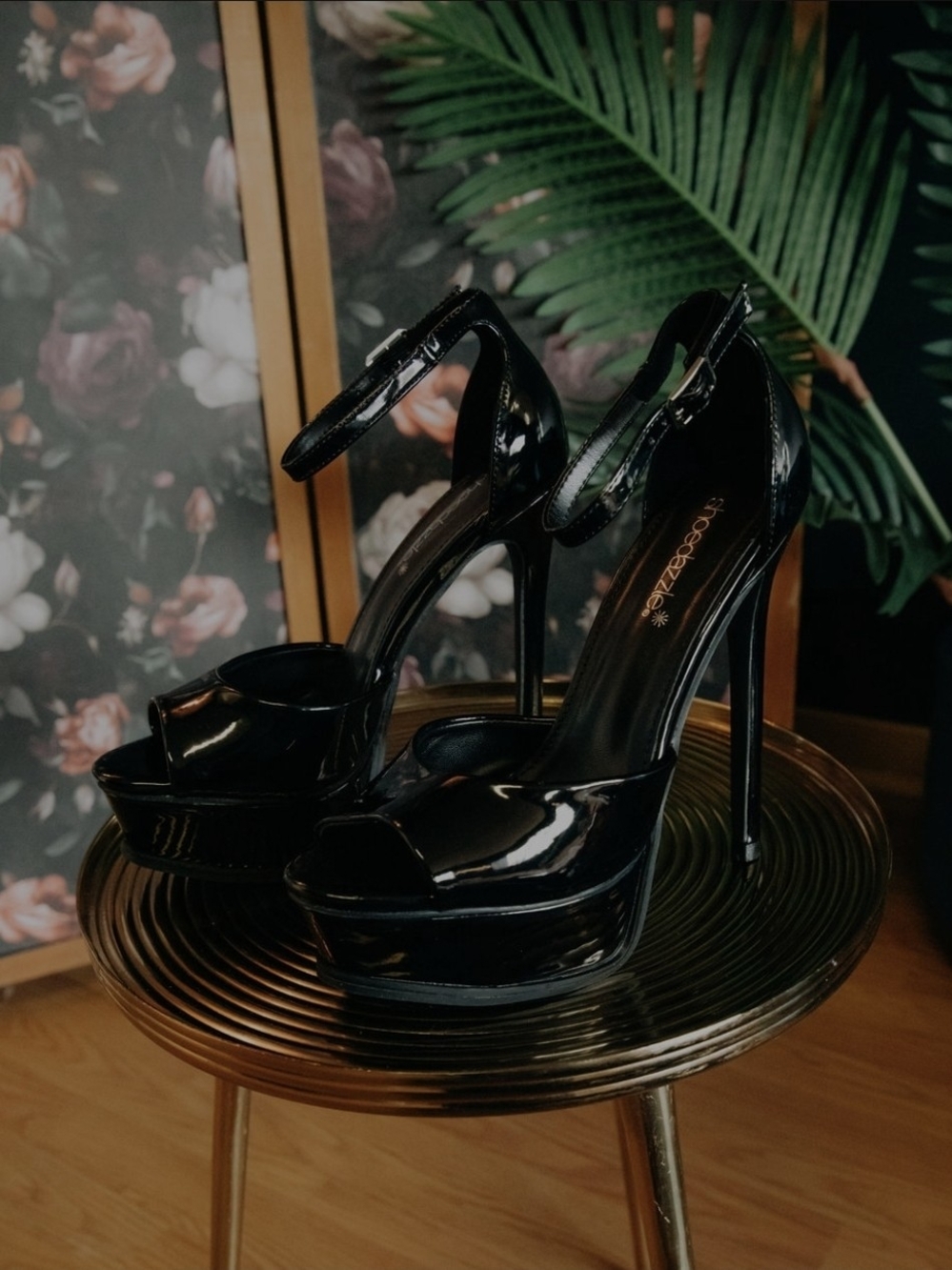 Shoe Dazzle Black Patent Platform Peep-Toe Heels with Ankle Strap